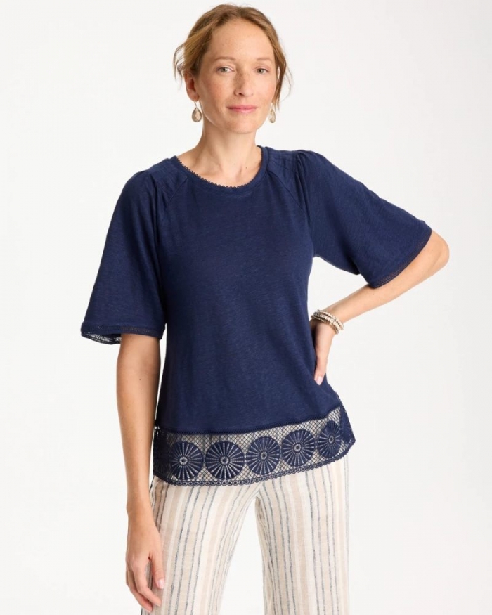 Chicos Linen Crochet Tee - PASSPORT BLUE