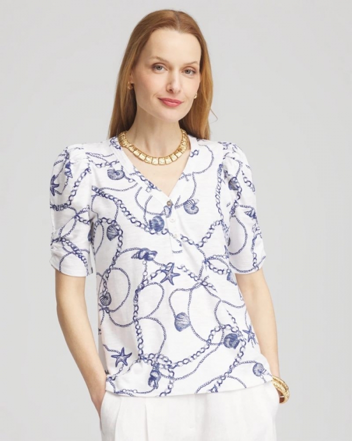 Chicos Seashell Slub Shirred-Sleeve Henley Tee - ALABASTER
