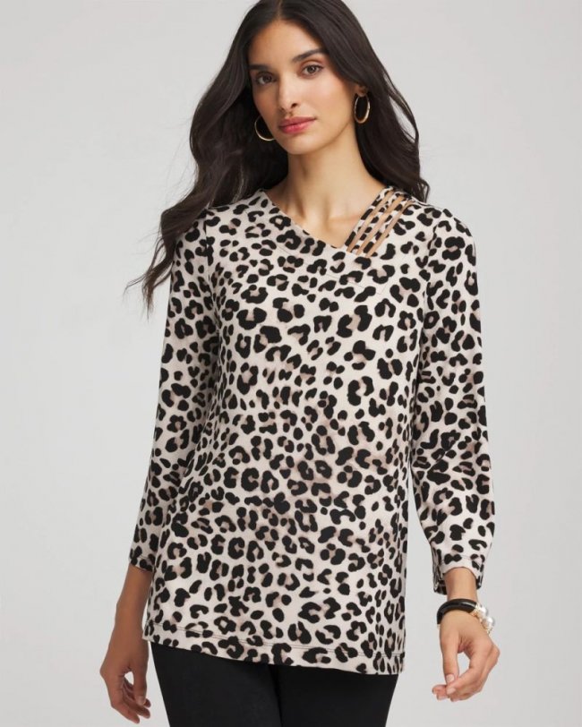 Chicos Travelers™ Animal-Print Lattice Top - DEEP TAUPE