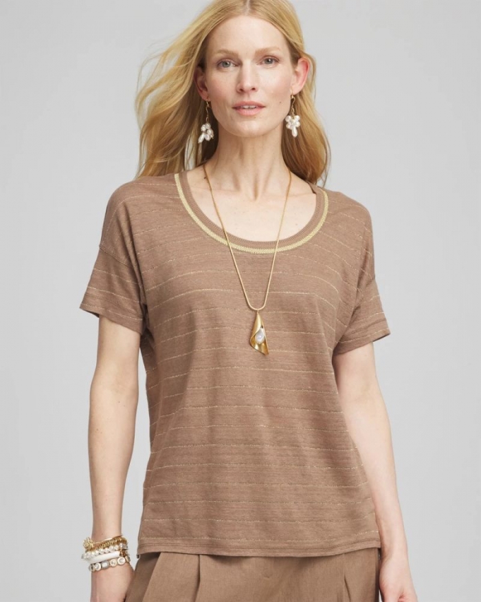Chicos Striped Sweater Trim Linen Tee - TEAKWOOD