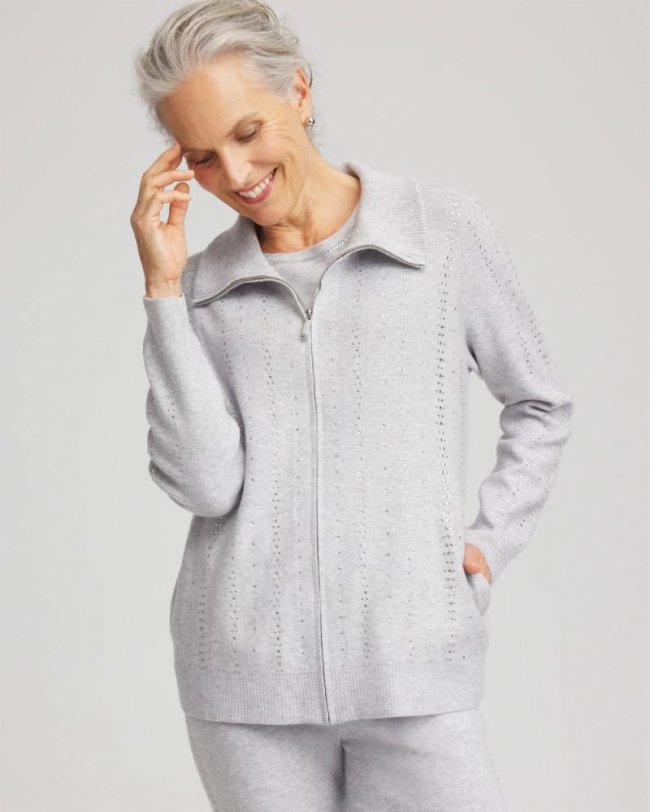 Chicos Zenergy® Luxe Diamante Zip Cardigan - FROSTED GRAY HEATHER