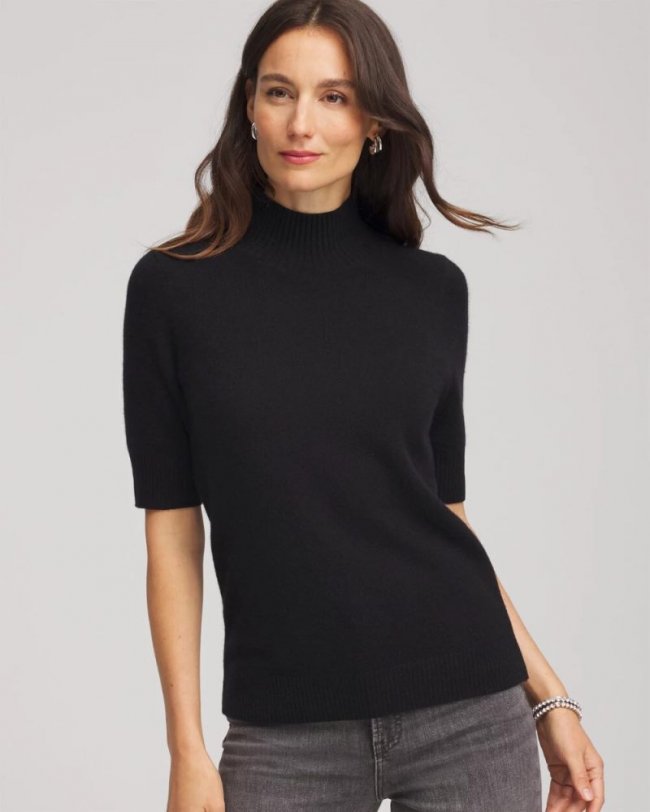 Chicos Cashmere Elbow-Sleeve Sweater - BLACK