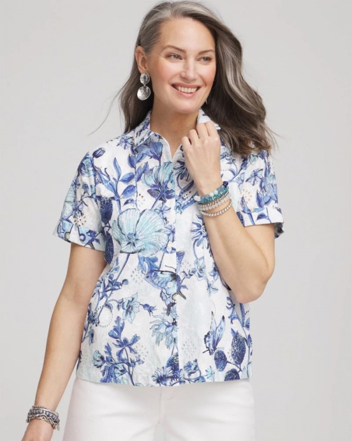 Chicos Butterfly Voile Short Sleeve Shirt - LUSH IRIS
