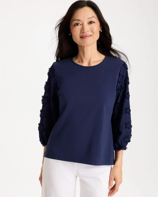Chicos Star Cutout 3/4 Sleeved Tee - PASSPORT BLUE