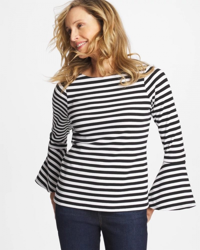 Chicos Striped Rib Knit Bell Sleeve Top - BLACK