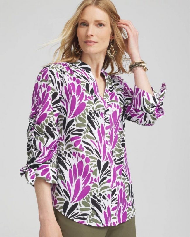 Chicos Ruched Sleeve Floral Blouse - AFRICAN VIOLET