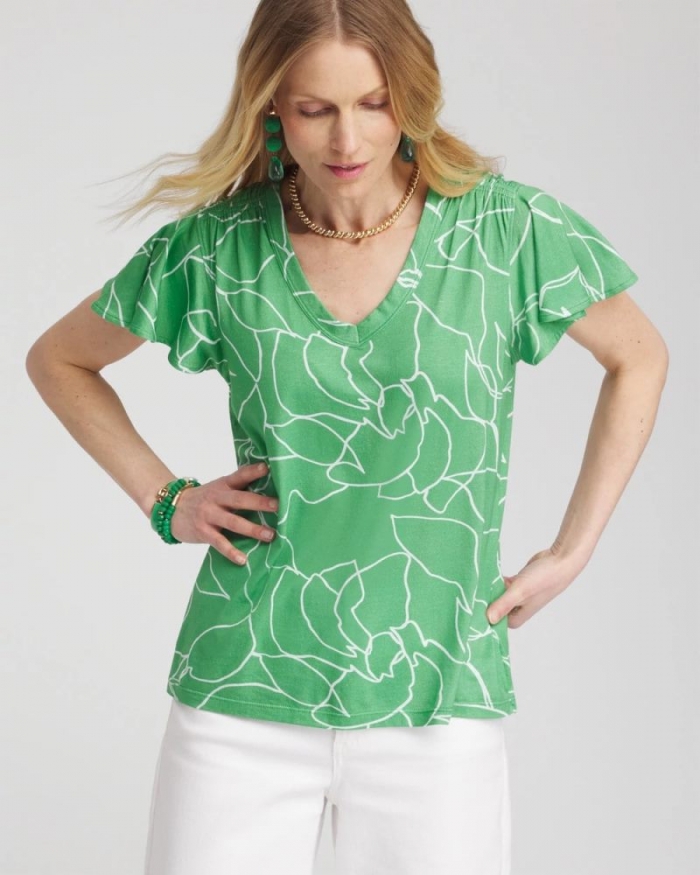 Chicos Green Lines Flutter Sleeve Tee - GRASSY GREEN