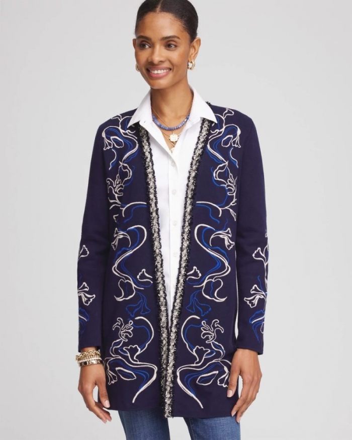 Chicos Open-Front Embroidered Cardigan - PASSPORT BLUE