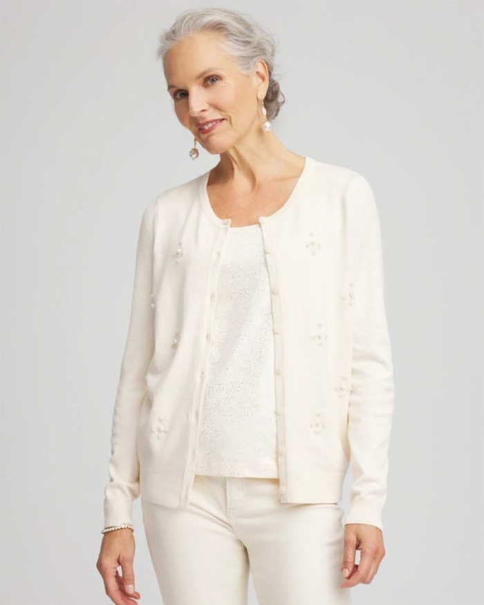 Chicos Embellished Crewneck Cardigan - ENGLISH CREAM