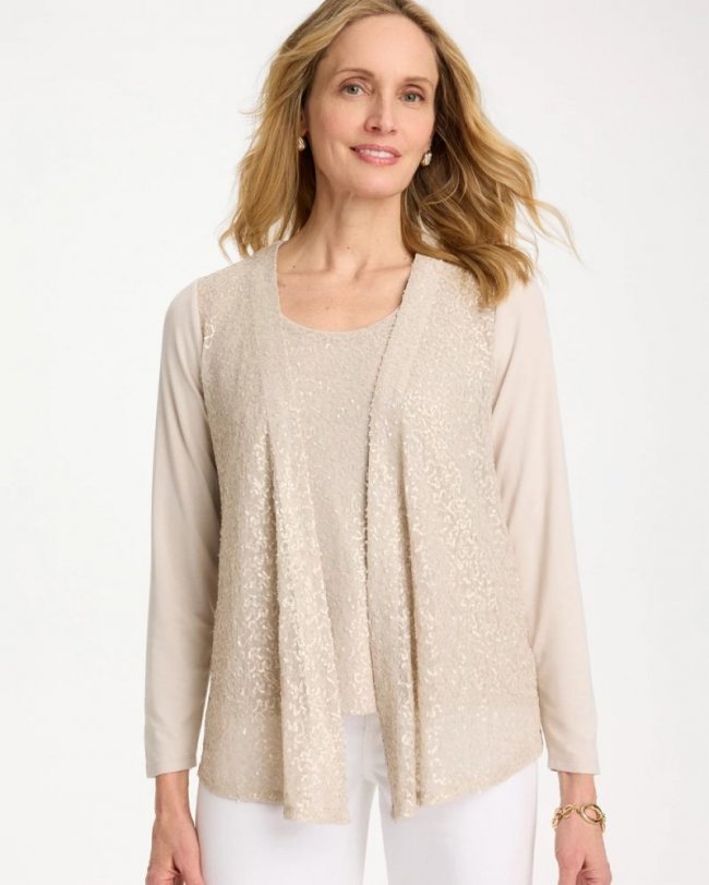 Chicos Knit Sequin Cardigan - SMOKEY TAUPE
