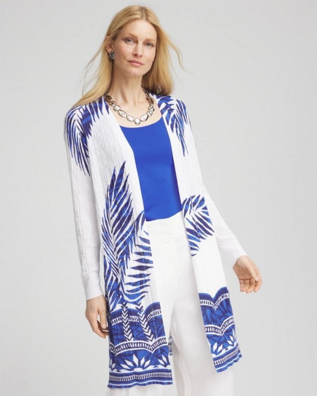 Chicos Island Motif Pointelle Long Cardigan - ALABASTER