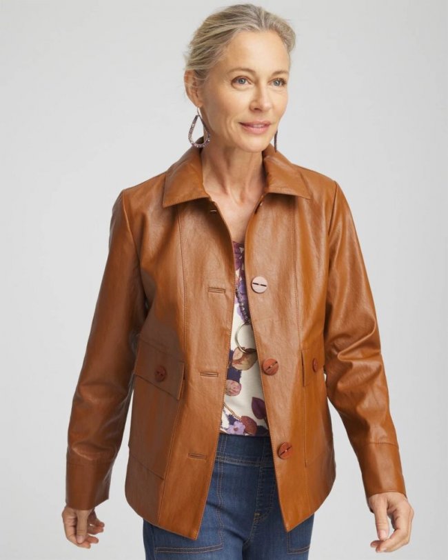 Chicos Faux Leather Cropped Jacket - CINNAMON STICK