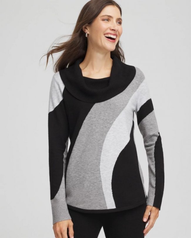 Chicos Zenergy® Luxe Intarsia Cowlneck Top - FROSTED GRAY HEATHER