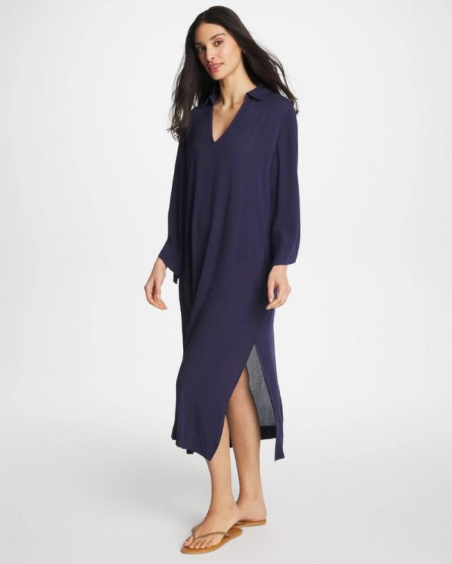 Chicos Woven Collar Swim Cover-Up - PASSPORT BLUE
