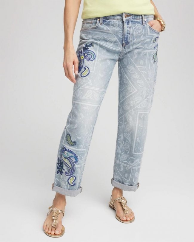 Chicos Paisley Applique Cropped Jeans - STARBOARD INDIGO