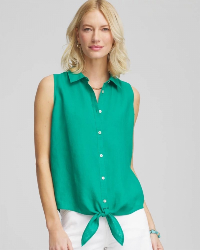 Chicos No Iron Linen Tie-Front Sleeveless Shirt - EDEN GREEN