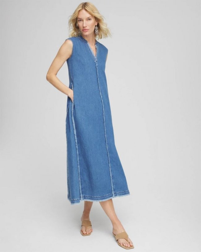 Chicos Frayed Denim Maxi Dress - BAILEY INDIGO