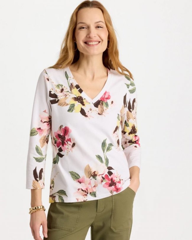 Chicos Printed Cotton Stretch 3/4 Sleeve Tee - HOT HONEYSUCKLE Chicos Printed Cotton Stretch 3/4 Sleeve Tee - HOT HONEYSUCKLE