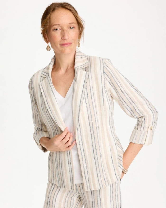 Chicos Striped Linen Roll Sleeve Blazer - NEUTRAL