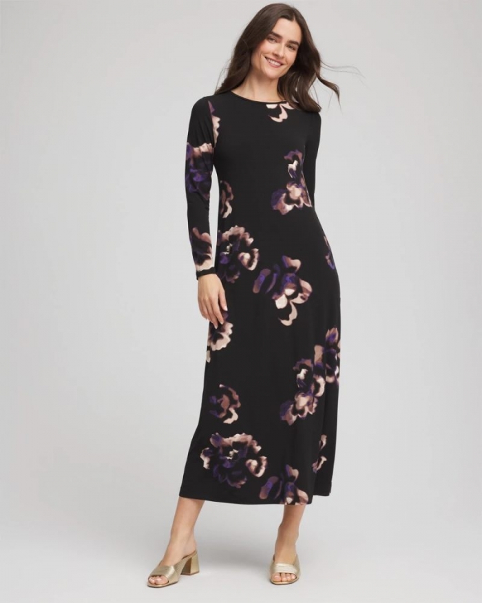 Chicos Floral Boatneck Column Maxi Dress - BLACK