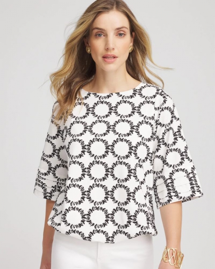 Chicos Geo Print Boatneck Bubble-Hem Top - ECRU