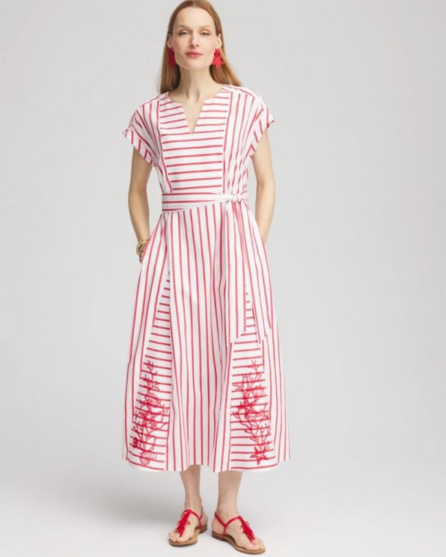 Chicos Embroidered Godet Striped Maxi Dress - ALABASTER
