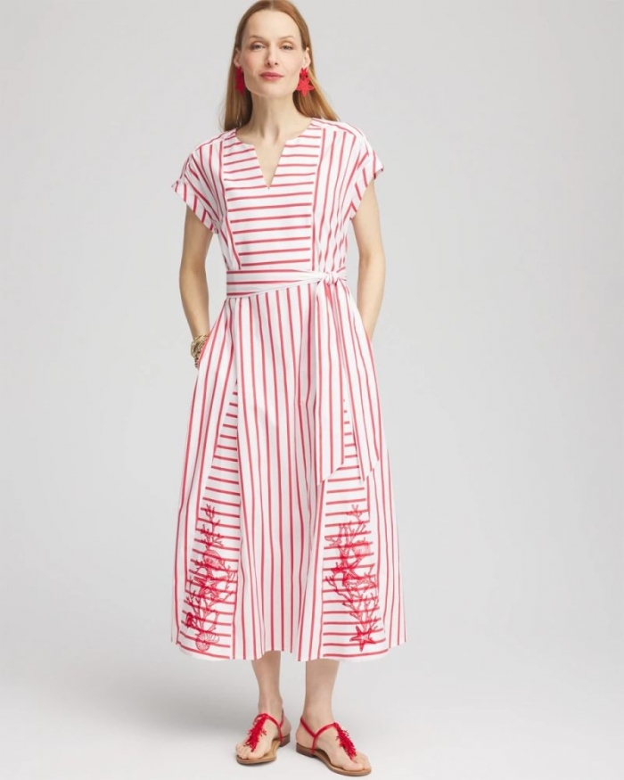 Chicos Embroidered Godet Striped Maxi Dress - ALABASTER