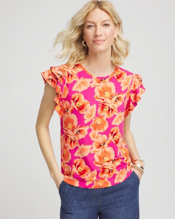 Chicos Touch of Cool™ Tropical Flutter Sleeve Tee - CRUSHED BERRIES