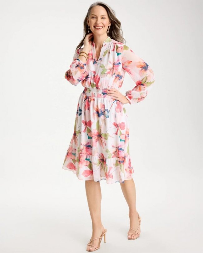 Chicos Georgette Trapunto Pullover Dress - CALYPSO CORAL