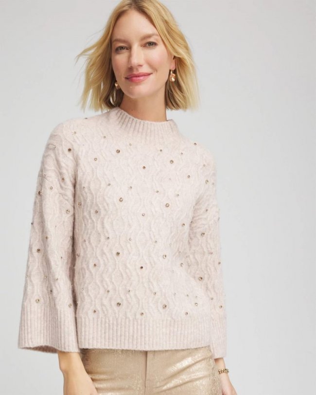 Chicos Sequined Cable Knit Sweater - BIRCH BARK HEATHER