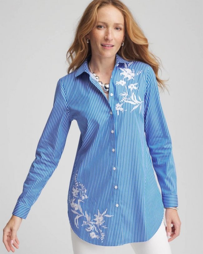 Chicos No Iron Embroidered Pinstripe Tunic - TURKISH SEA