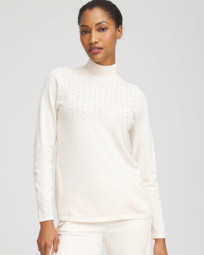 Chicos Ella Embellished Mockneck Sweater - ENGLISH CREAM