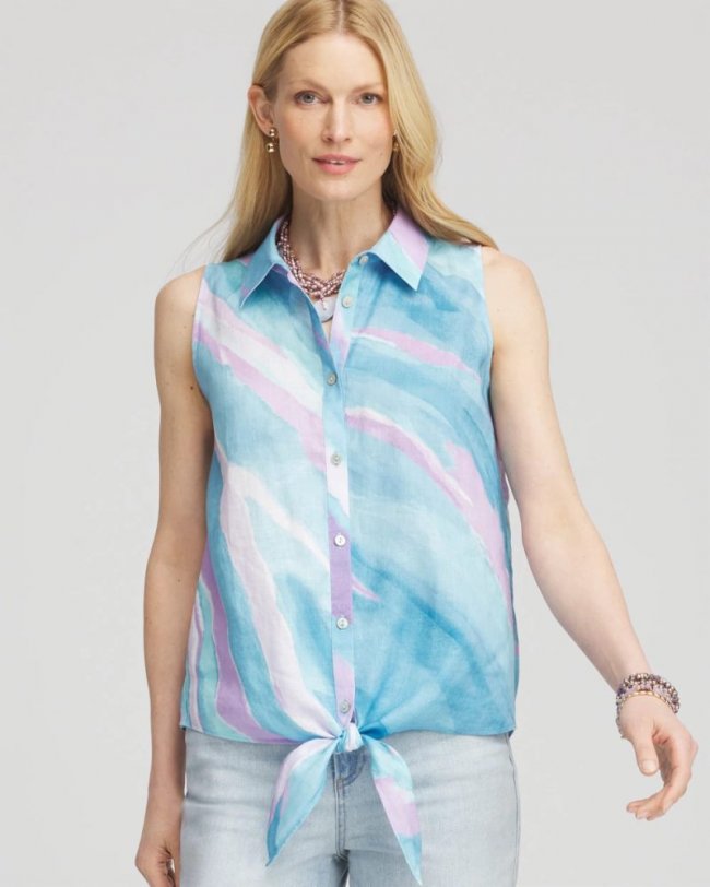 Chicos No Iron Linen Tie-Front Sleeveless Shirt - PARADISO BLUE