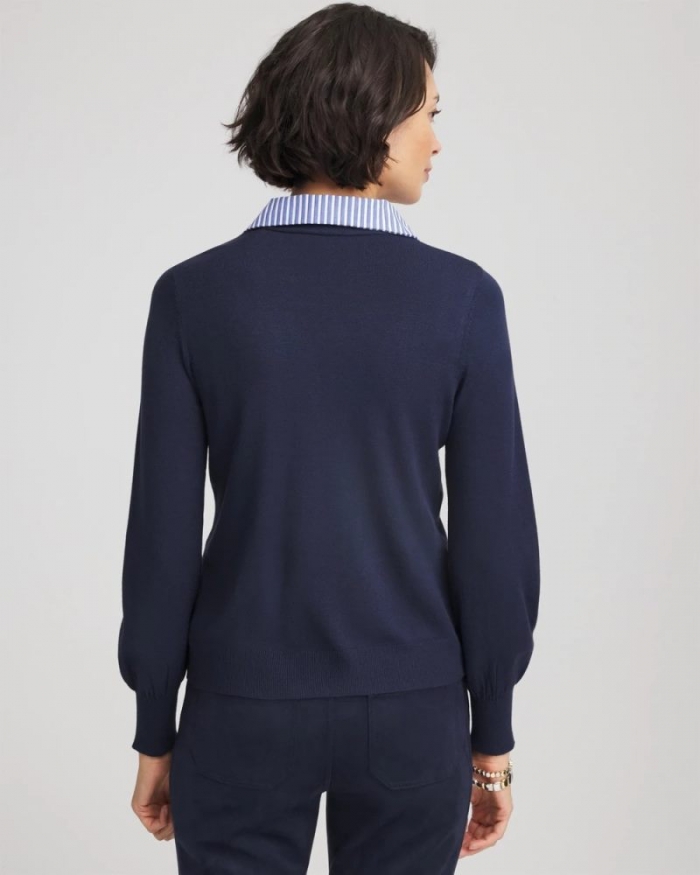 Chicos Striped Collared Cardigan Sweater - PASSPORT BLUE