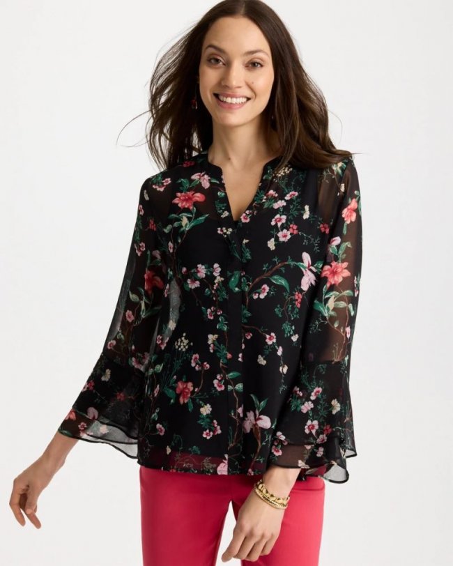 Chicos Georgette Ruffled Cuff Blouse - BLACK