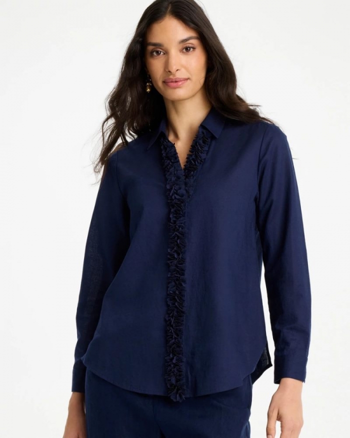Chicos Linen Flower Embellished Blouse - PASSPORT BLUE