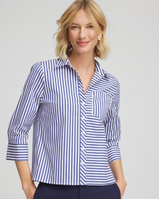 Chicos Stripe Mixing Poplin Shirt - HIDDEN SAPPHIRE