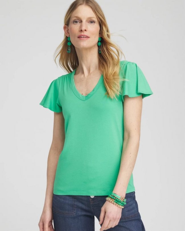 Chicos Flutter Sleeve Tee - GRASSY GREEN