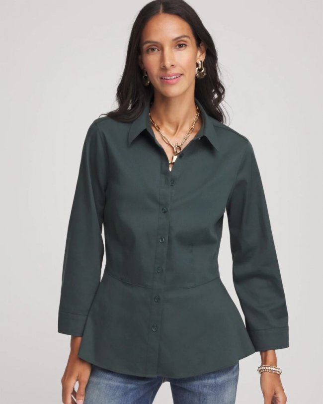 Chicos No Iron Peplum Stretch-Sateen Shirt - DARKEST SPRUCE