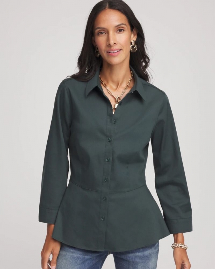 Chicos No Iron Peplum Stretch-Sateen Shirt - DARKEST SPRUCE