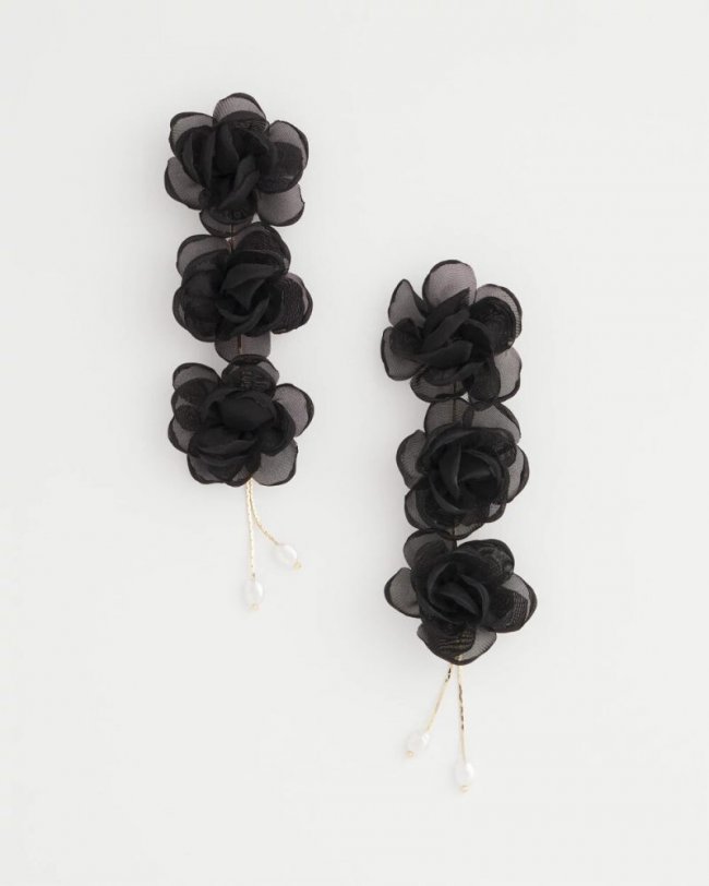 Chicos Black Floral Linear Drop Earrings - BLACK