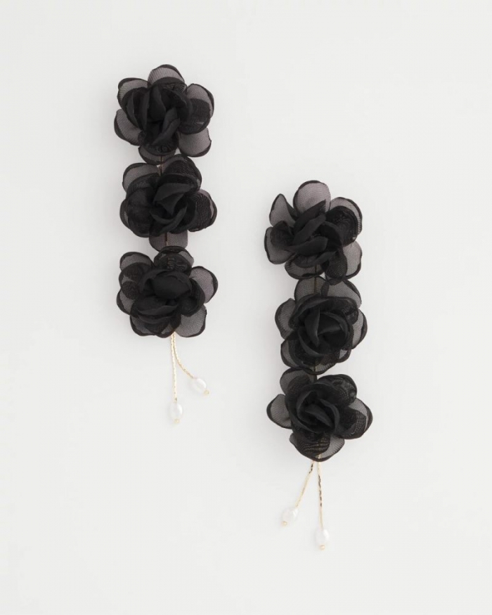 Chicos Black Floral Linear Drop Earrings - BLACK