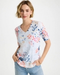 Chicos Pima Floral Elbow Sleeve Tee - CALYPSO CORAL