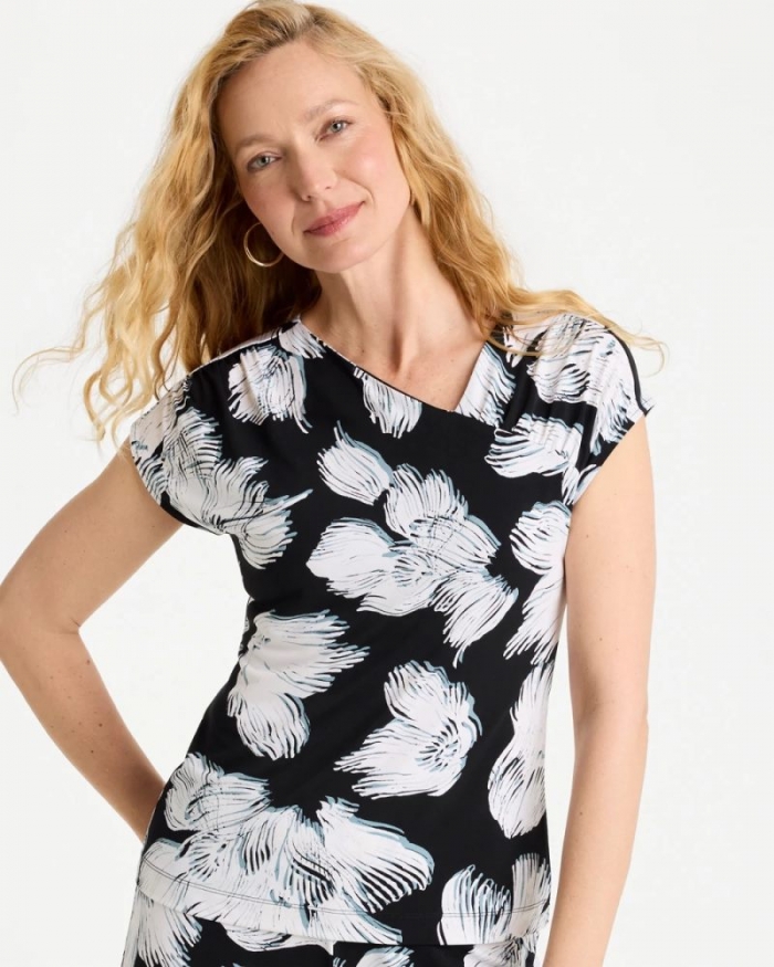 Chicos Travelers™ Knit Abstract Floral Asymmetrical Top - BLACK
