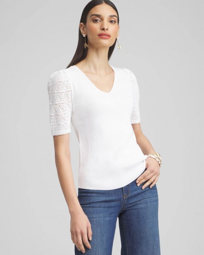 Chicos Pointelle Sleeve Pullover - ALABASTER