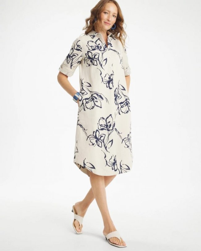 Chicos Printed Linen-Cotton Shirtdress - PASSPORT BLUE