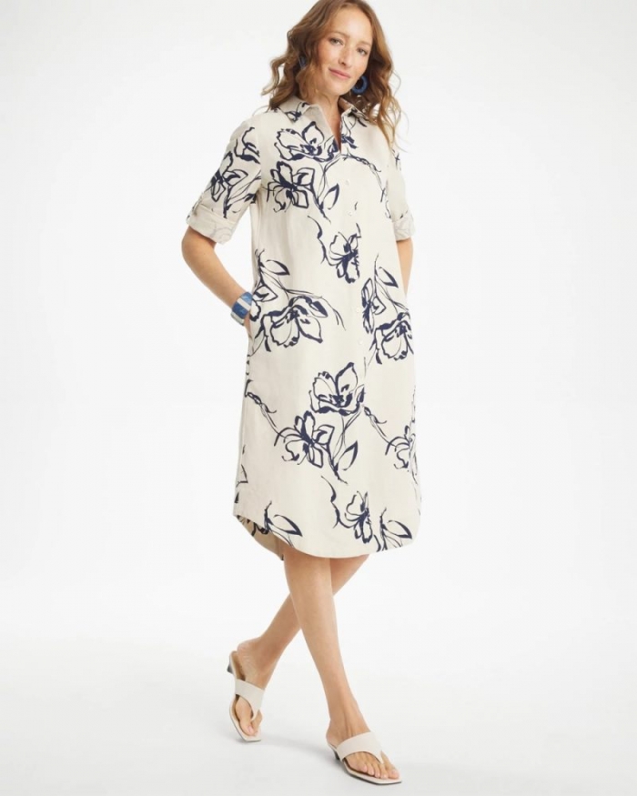 Chicos Printed Linen-Cotton Shirtdress - PASSPORT BLUE
