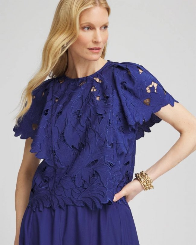 Chicos Lace Detail Flutter Sleeve Top - BLUE CASA
