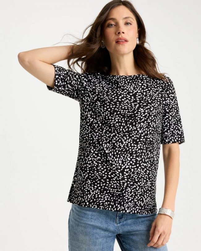 Chicos Printed Pima Elbow Sleeve Tee - BLACK