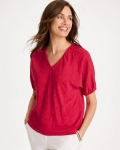 Chicos Linen Ruched V-Neck Tee - CHERRY LUSH